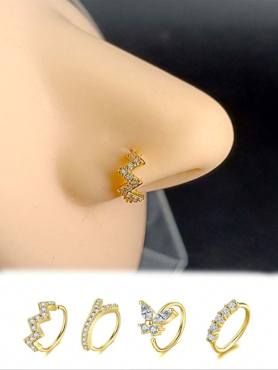 1pc Copper Alloy Nose Ring With Wave, Chevron, Butterfly, 5 Rhinestones Design, Delicate Rhinestone Nose Hoop Nose Piercing Jewelry, Fashionable Versatile Nose Ring For Women