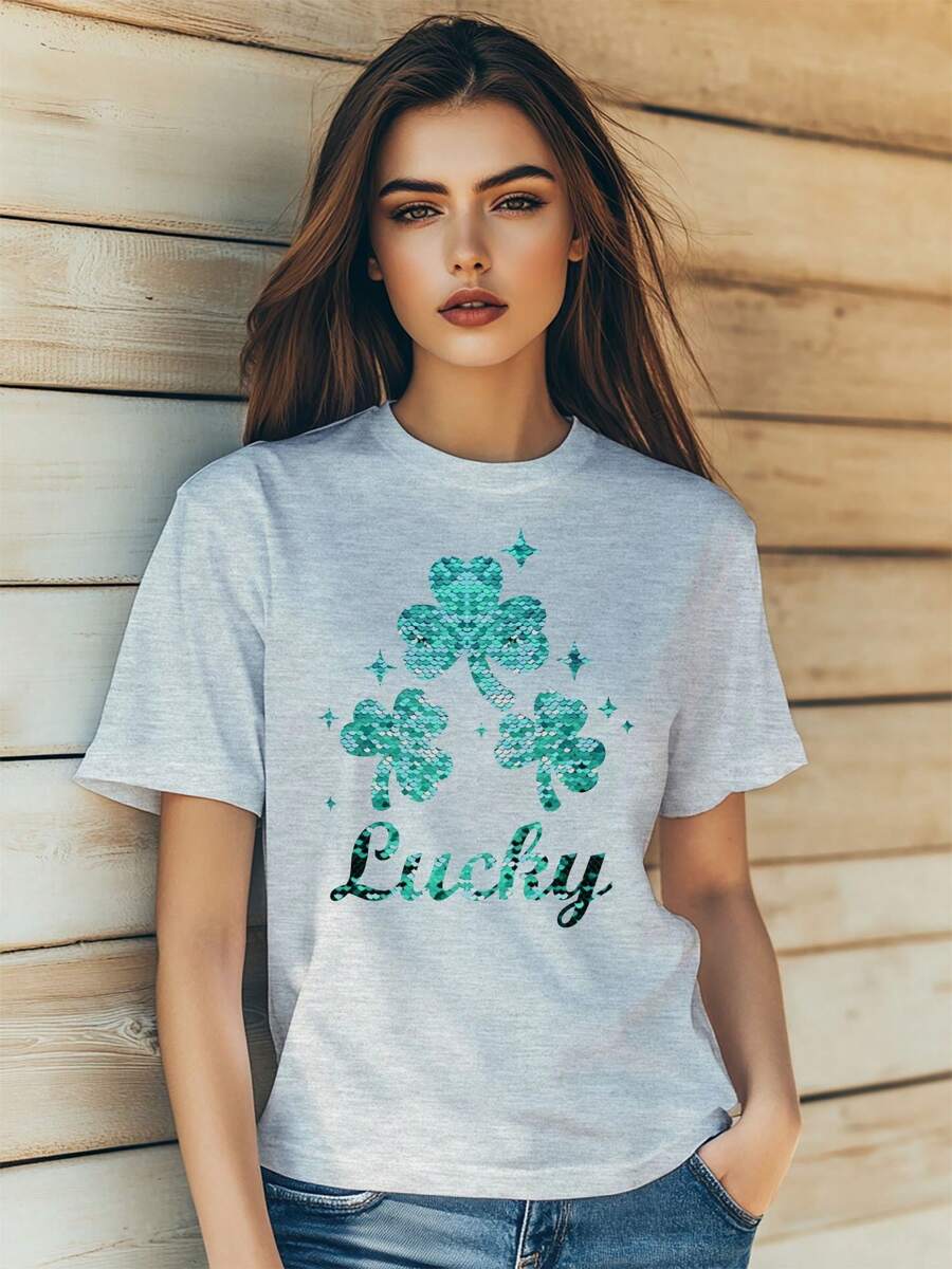 Women's St. Patrick'S Day Clover Lucky Letter Star Sequin Print T-Shirt Fashion Short Sleeve Round-Neck Slm Fit Tops Summer Casual Streetwear
