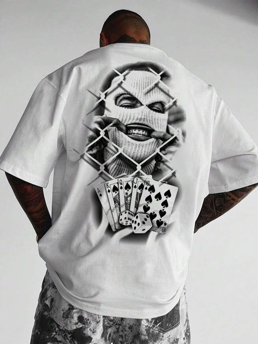 2025 New Summer White Poker Print Casual T-Shirt For Men, Streetwear
