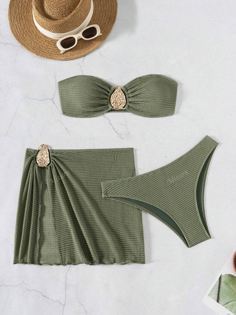 Set de 3 piezas de nuevo bikini de moda y sexy de unicolor marrón para mujer en traje de baño, conjunto de sujetador de halter y Bottom de bikini para playa en verano
