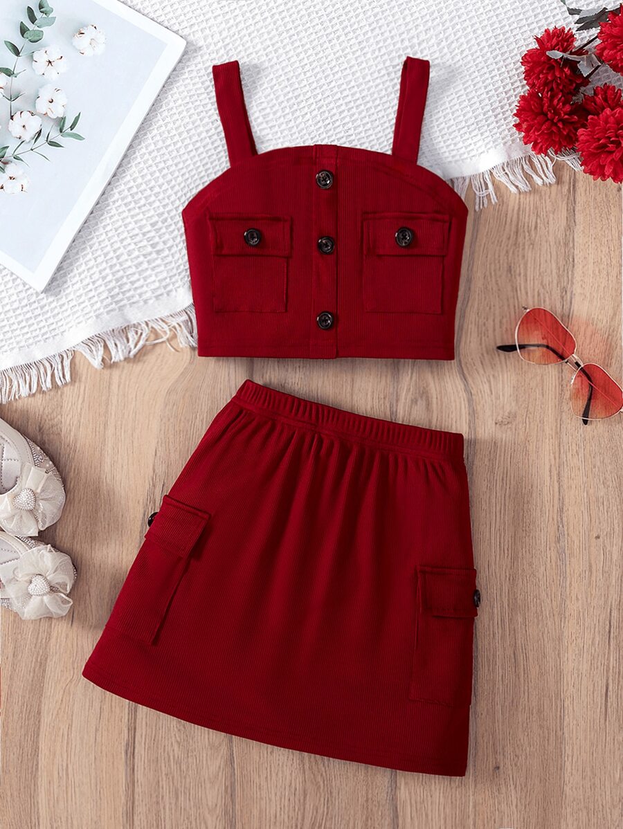 2pcs/Set Girls Casual Fashion Maroon Rib-Knit Top With Pockets & Faux Placket, Paired With Maroon Rib-Knit Skirt With Pockets, Comfortable Spring/Summer Outfit For Girls