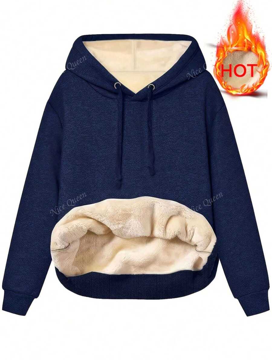 Sudadera con capucha de unicolor de manga larga con forro térmico para mujer de talla grande, otoño/invierno