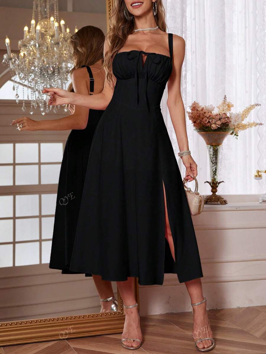 Franzoesischer Stil einfarbiges Kleid mit Schlitz-Träger, Sommerurlaub