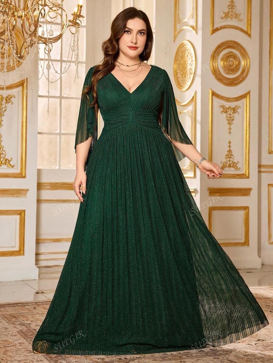 SUPGIR Plus Size Women V-Neck Asymmetric Sleeve Cinched Waist Fold Pleated Casual Comfortable Party Dress, Wedding Guest Dress, Formal Dress, Evening Dress,Gown