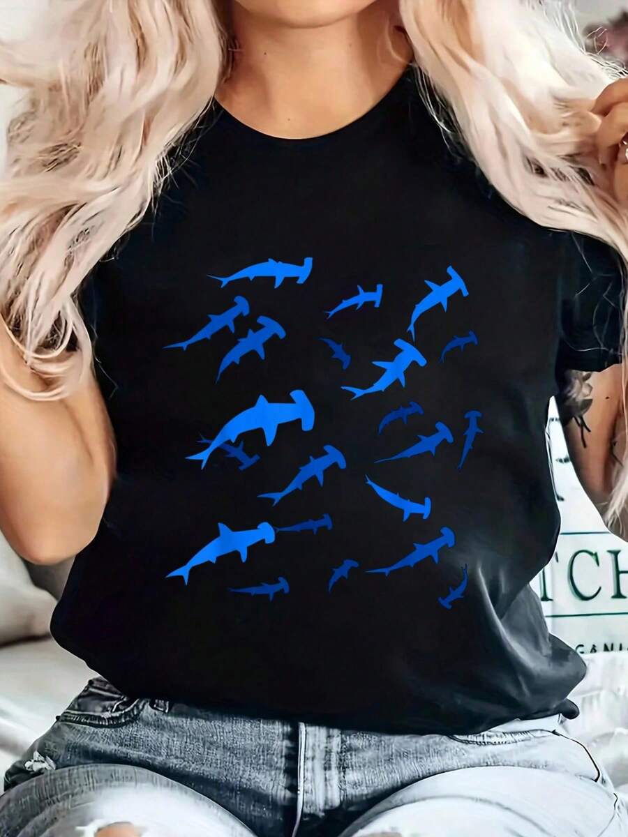 100% Cotton Hammerhead Shark Under Ocean Sea T-Shirt Printed Cotton Women's T-Shirt, Women's Clothing, Short-Sleeved Round Neck Casual Tops For Spring And Summer