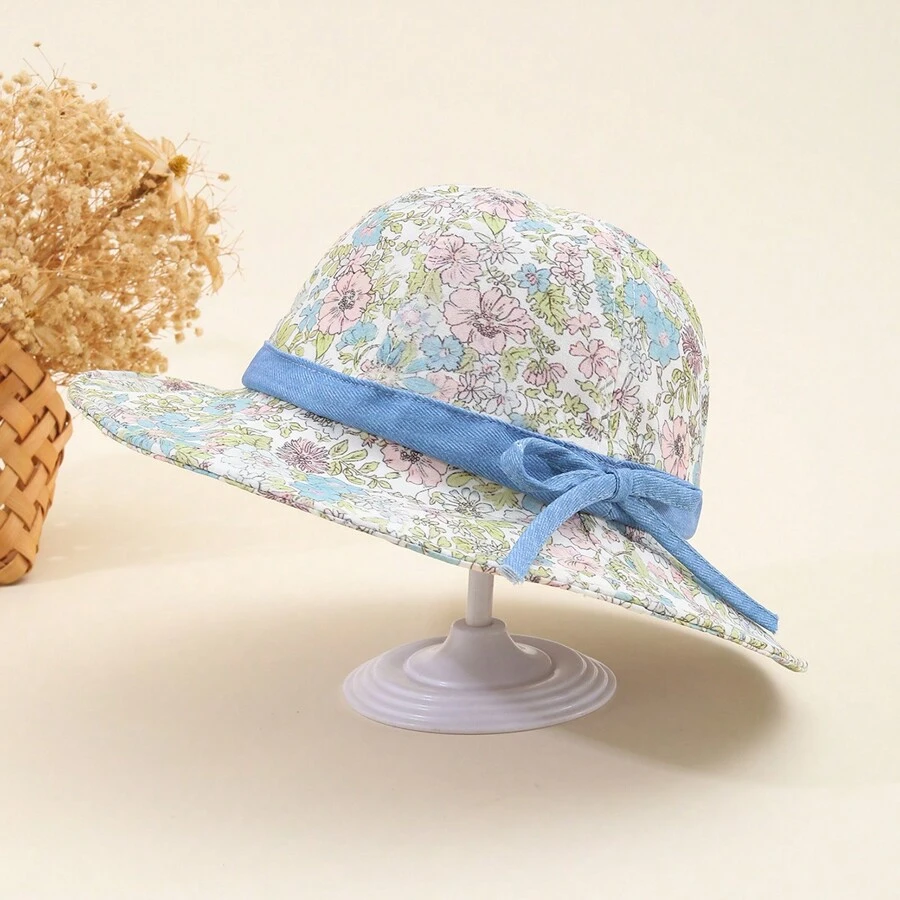 Spring/Summer Fashion New Girl's Sun Hat, Toddler Breathable Ditsy Floral Bow Decor Sun Protection Bucket Hat