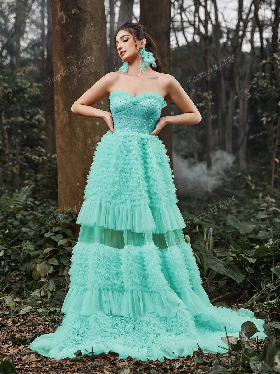 Faeriesty Vestido de fiesta con corpiño bordado, espalda con cordón, volantes en el bajo, vestido de dama, vestido de graduación formal, vestido de fiesta, vestido para invitada de boda