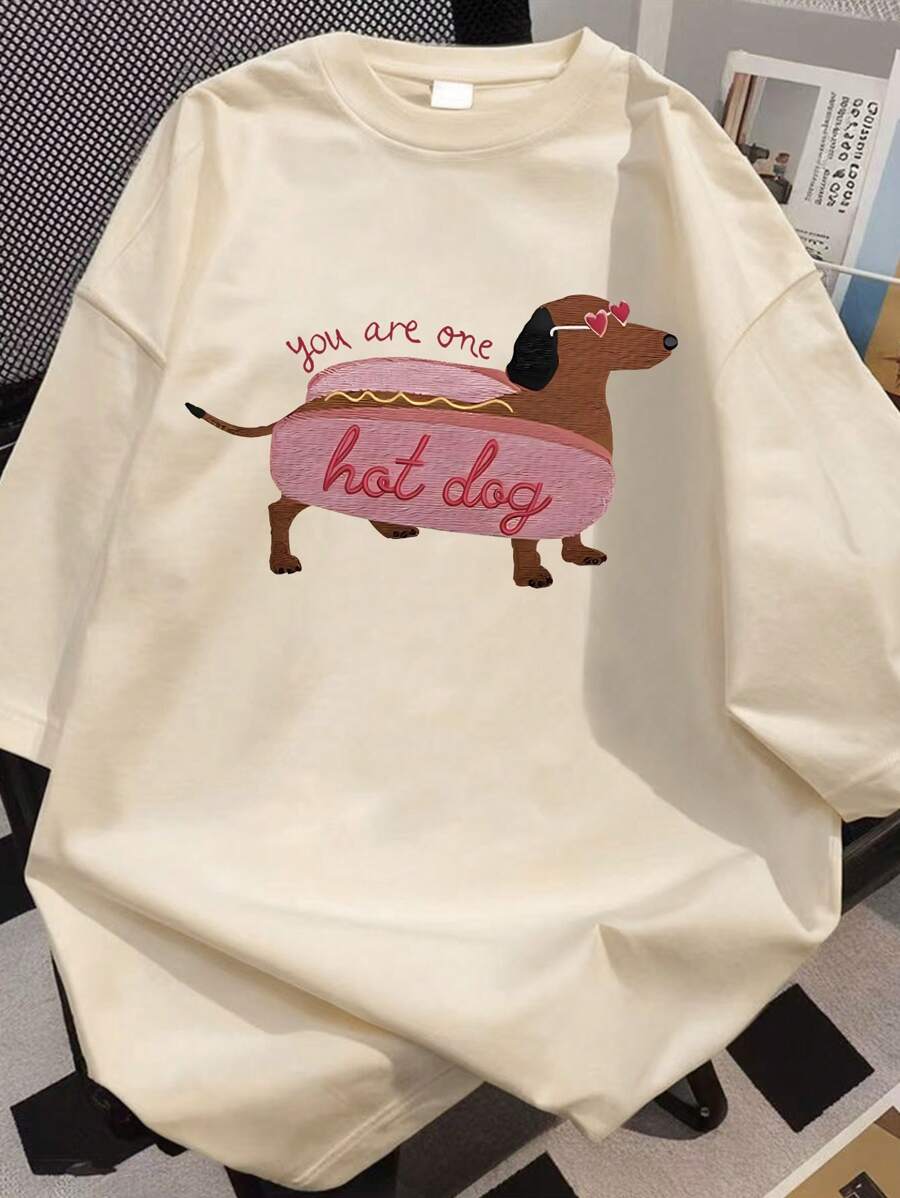 Teen Girl Loose Cartoon Hot Dog Print Short Sleeves Summer T-Shirt, Suitable For School, Vacation And Shopping