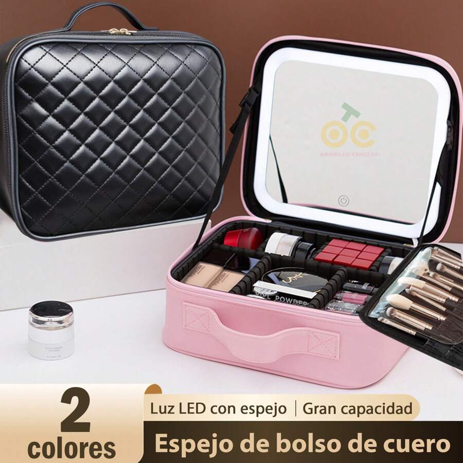 1 neceser de viaje con espejo iluminado por LED, organizador de brochas de maquillaje, estuche de maquillaje con espejo, neceser de maquillaje portátil, organizador de cosméticos de viaje, neceser de cosméticos, estuche de cosméticos con compartimentos ajustables, organizador de cosméticos impermeable, herramienta de almacenamiento, con espejo, con compartimentos, con organizador de brochas de maquillaje, con asa de transporte, diseño de rombos, alta calidad, adecuado para el hogar, la empresa, la escuela, de viaje (rombo negro, rombo rosa)