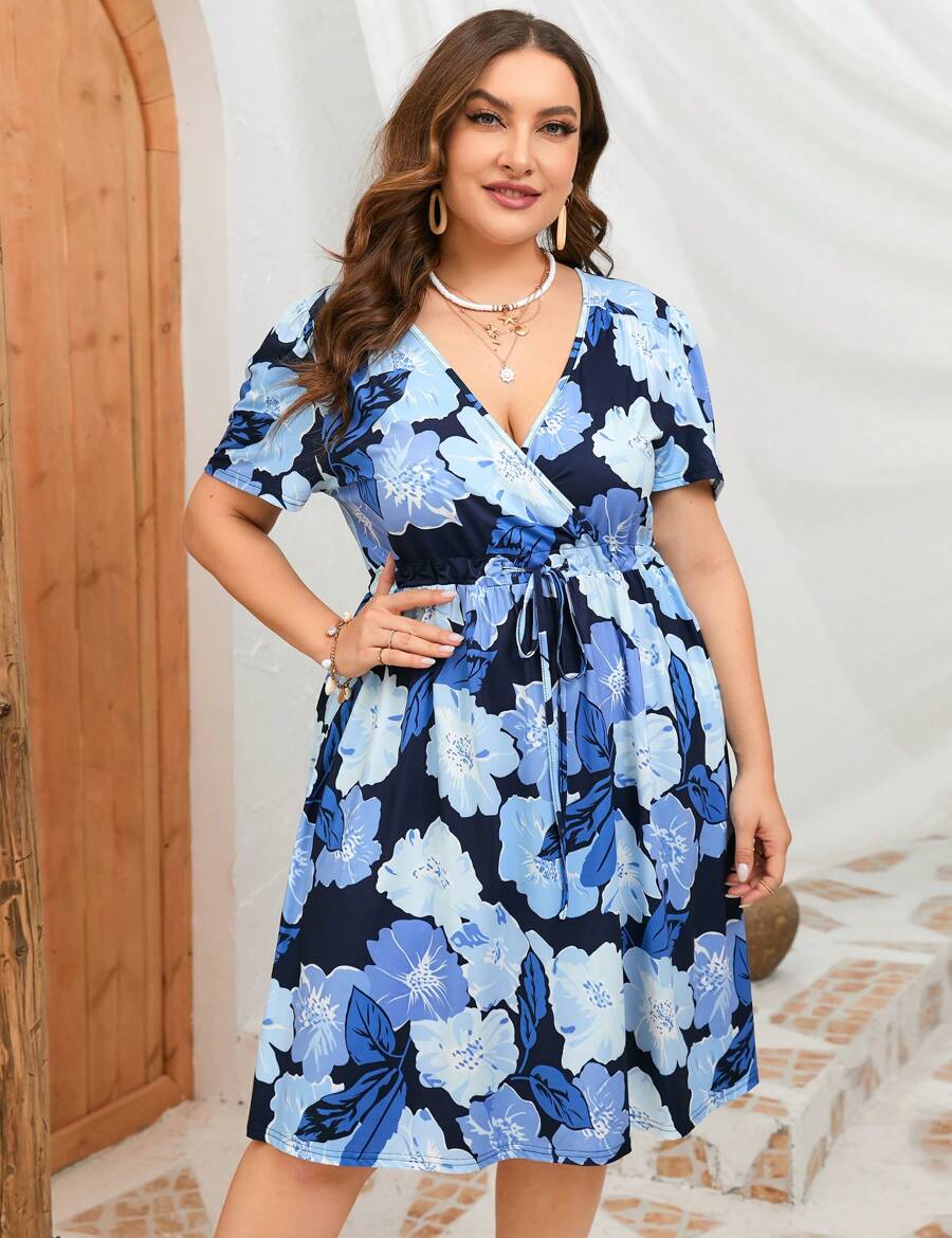 GoyRrbay Women's Plus Size Long Sleeve Dresses Wrap Drawstring V Neck High Waist Dress FlowyA Line Midi Dress