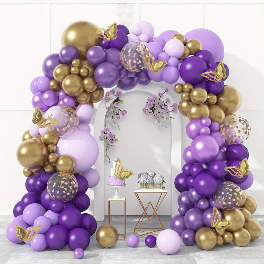 Purple Balloon Garland Arch Kit For Birthday, Wedding Party Decoration - Dark Purple, Gold Lavender, Light Purple Latex Balloon