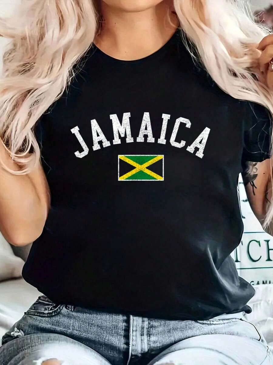 100% Cotton Retro Jamaica Flag Vintage Jamaican Travel Souvenir Boy Girl T-Shirt Printed Cotton Women's T-Shirt, Women's Clothing, Short-Sleeved Round Neck Casual Tops For Spring And Summer