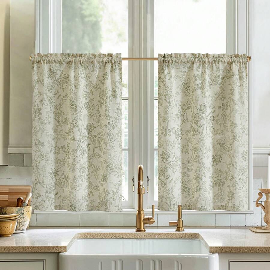2 pièces Polyester lin forêt imprimé tringle poche cuisine fenêtre rideaux salon chambre translucide rideaux d'intimité utiliser plus de demi-rideaux de porte