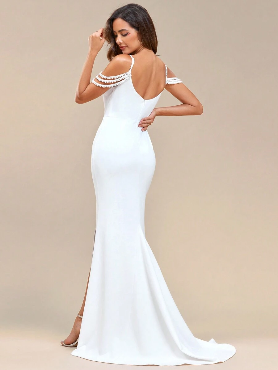 EVER-PRETTY Minimalistisches Perlendekor Fischschwanz-Hochschlitz Spaghettiträger weißes Hochzeitskleid Brautkleid für Sommerhochzeit