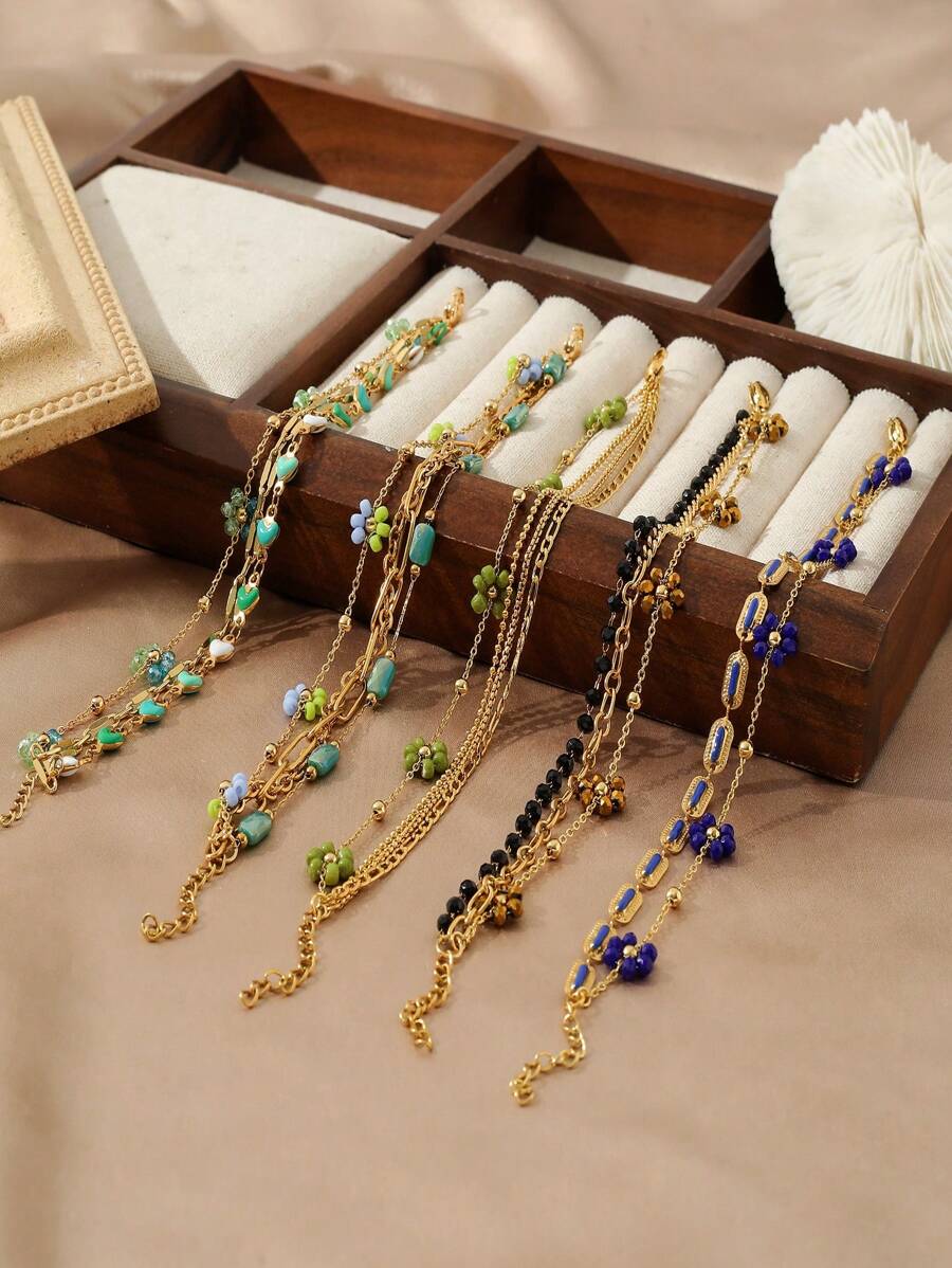 1 Stück Modische, einfache Ins Style Armband für Damen, 18K Mehrfach-Lage, kleine Blume, aus Edelstahl, geeignet für Date, Party, Büromode
