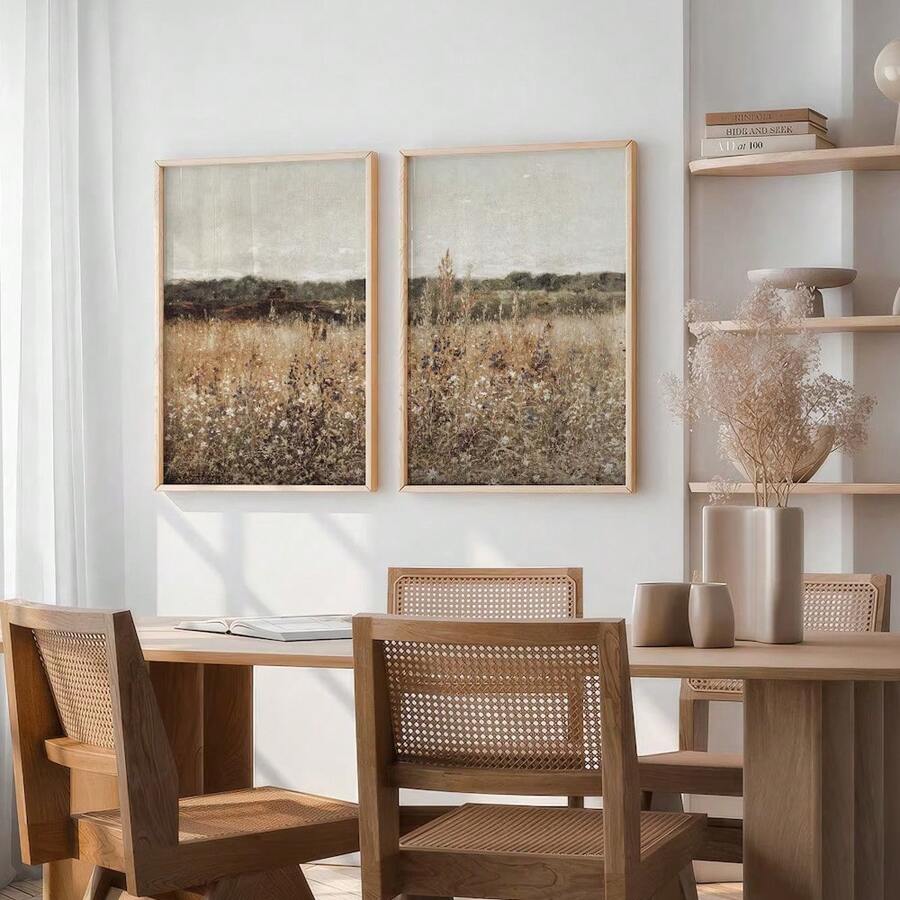 Set van 2 oningelijste Boho Wildflower Field Rustic Art Retro Poster Vintage Botanische Bloemen Abstract Landschap Schilderij Canvas Print Landelijk Boerderij Decor Muurfoto Voor Slaapzaal, Appartement, Kantoor, Woonkamer, Slaapkamer, Moderne Huisdecoratie