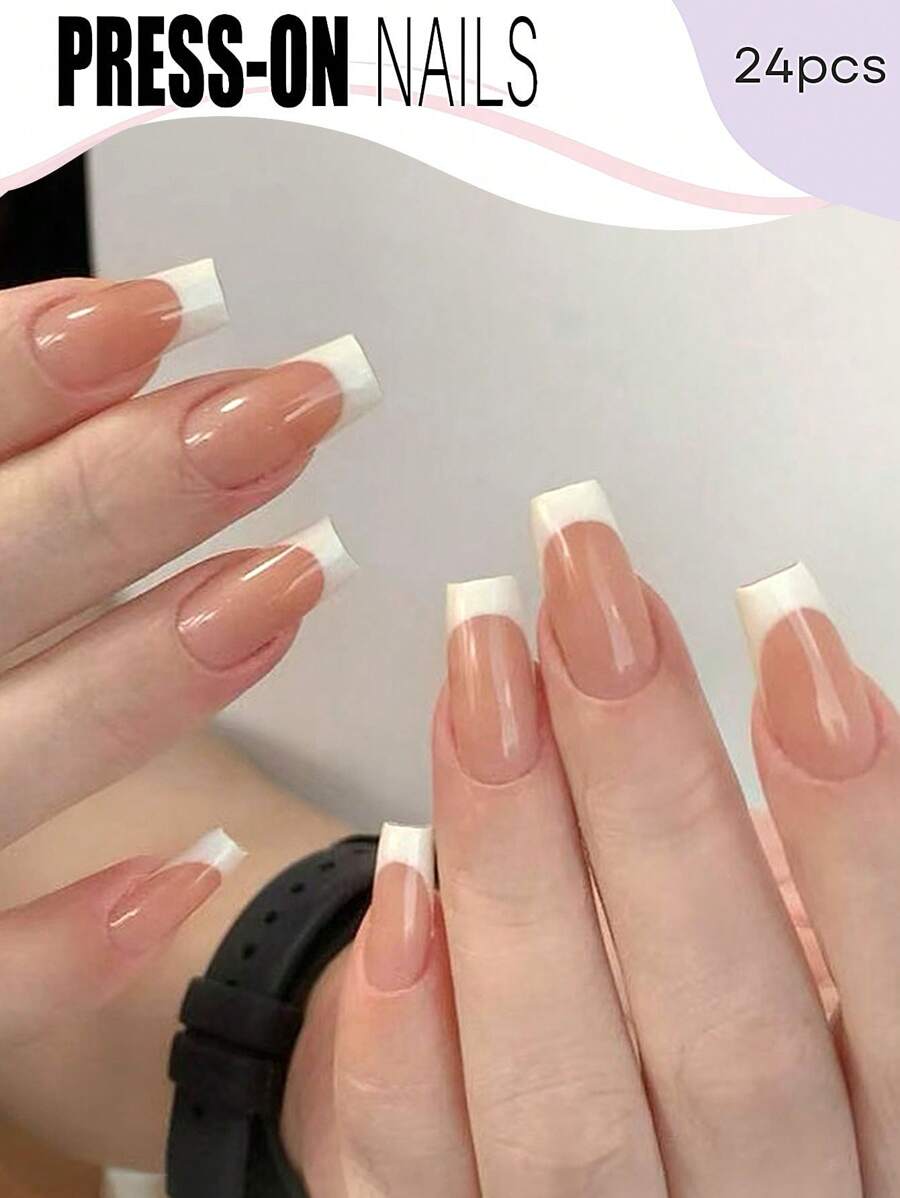 24pcs Medium Coffin Shape Press On Nails With Milky White French Tip Glossy Topcoat Design Nail Art False Nails Simple And Classic Style Fake Nails Nail Set
