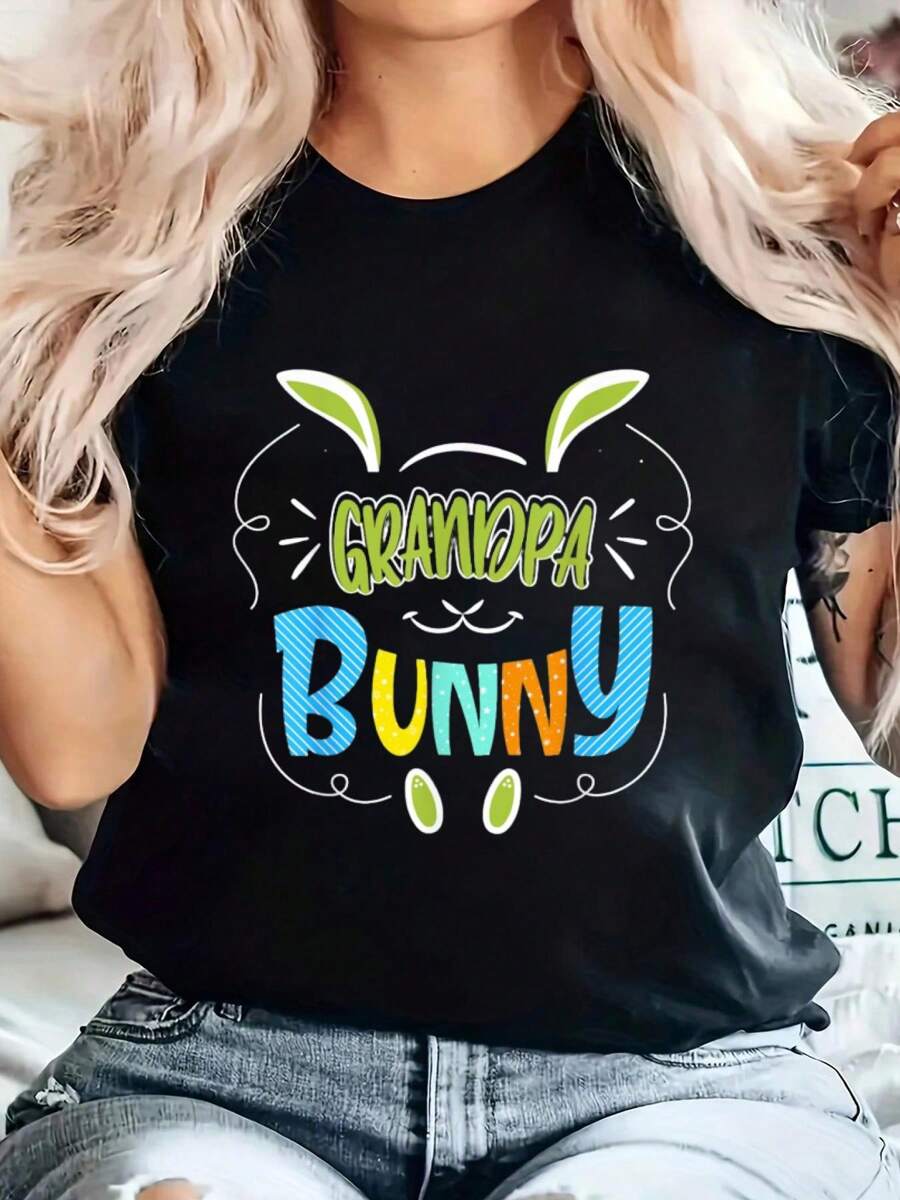 100% Cotton Grandpa Bunny T-Shirt Printed Cotton Women's T-Shirt, Women's Clothing, Short-Sleeved Round Neck Casual Tops For Spring And Summer