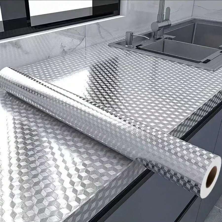 COSANSYS NEW 10M Waterproof OilProof Aluminum Foil Sticker Self Adhesive Kitchen Wallpaper Kitchen Waterproof Oil Proof Aluminum Foil Sticker, Silver Chequer Peel And Stick Wallpaper Removable And Self Adhesive Paper For Kitchen Countertops Desk Cabinet