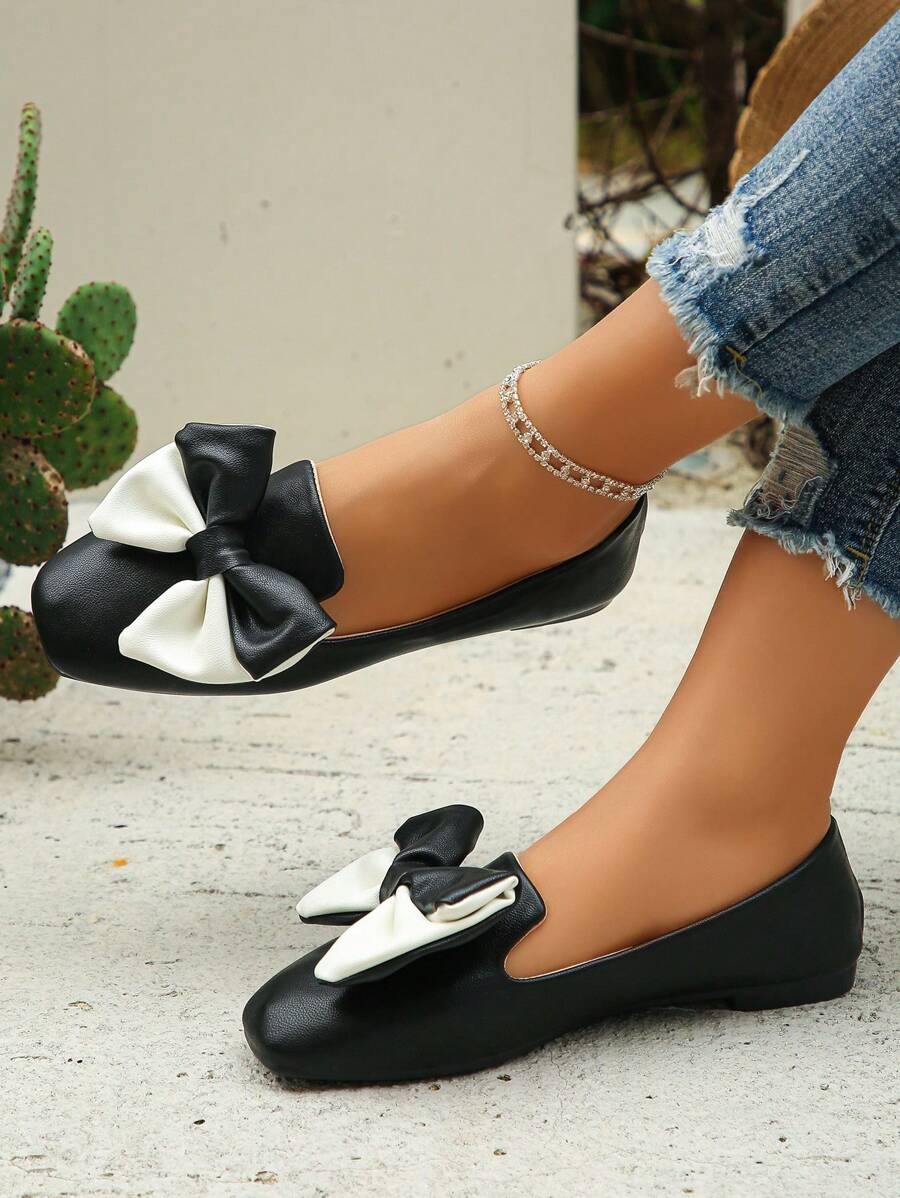 Women's Color Blocking Bowknot Decor Square Toe Low Heel Flat Mary Jane Shoes, Cute & Elegant Style, Versatile For Daily Wear & Commuting, Black Soft Bottom Casual Flats