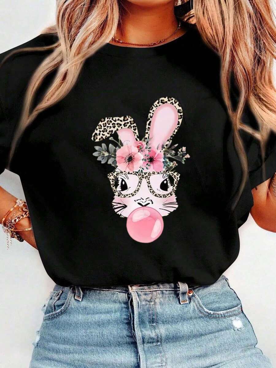 Women's Easter Shirts Easter Bunny Printed T Shirts Funny Rabbit Easter Graphic Tee Happy Easter Holiday Top Crew Neck Short Sleeve T-Shirt, Casual Print Graphic Cotton Tees Women Tops