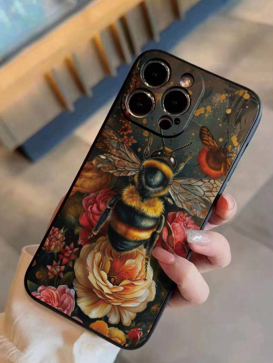 Geperforeerde rand Bloemenbij geschilderde anti-val telefoonhoesje compatibel met iPhone 16/16 Pro/16 Plus/16 Pro Max, P14 Pro Max, P13, Cartoon P11, P12, Anti-val XR, Cartoon 7/8 GES2 telefoonhoesjes