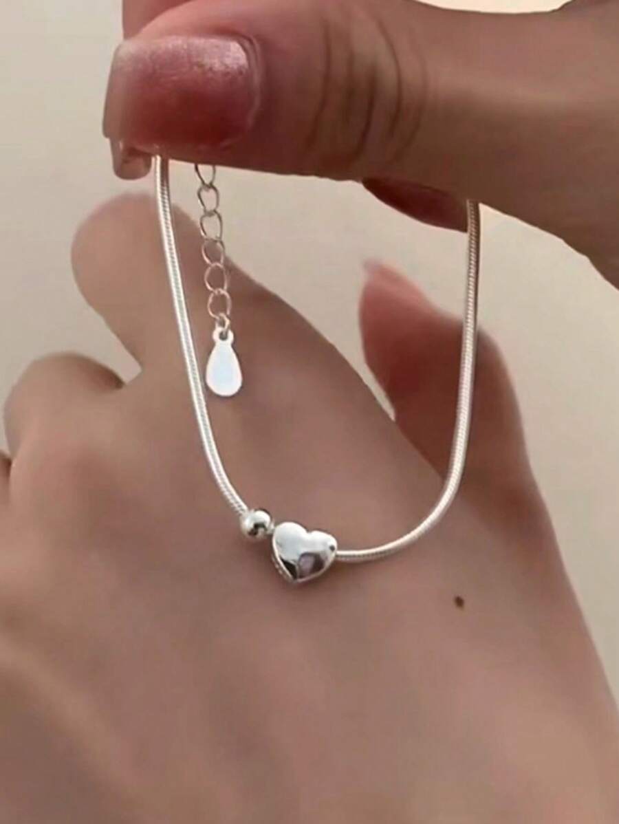BALMORA 1 Stück 925 Sterling Silber Armband mit herzförmigem Silberperle und einfacher Schlangenkette, geeignet für koreanische Mode von Frauen, Alltagsgebrauch als Geschenk für Freunde