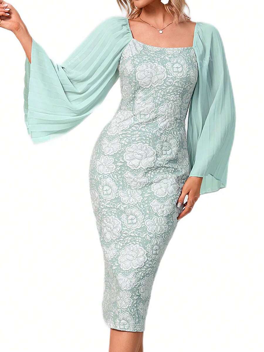 Abito da sera da donna, in jacquard, a forma quadrata, elegante e aderente, in chiffon, con maniche corte arricciate, abito da festa, cerimonia, matrimonio