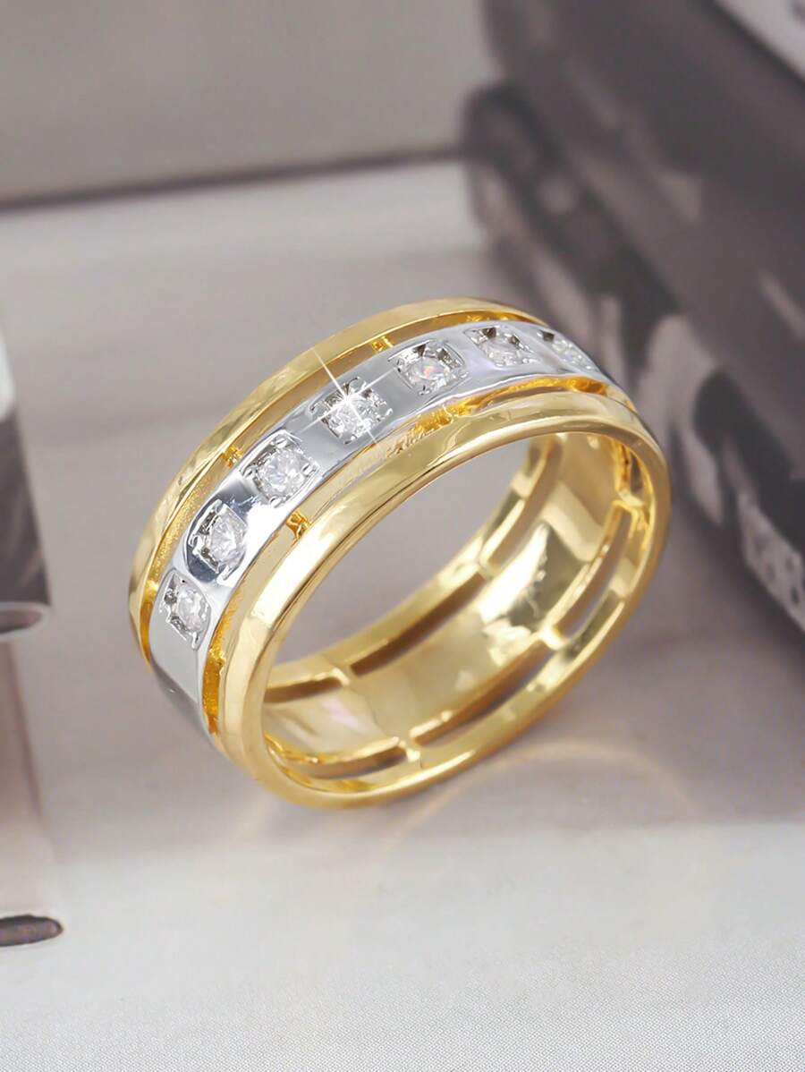 1pc Luxury Elegant Dual-Tone Design Wide Band Cubic Zirconia Ring, Gift For Men, Valentine's Day, Father's Day, Birthday, Party