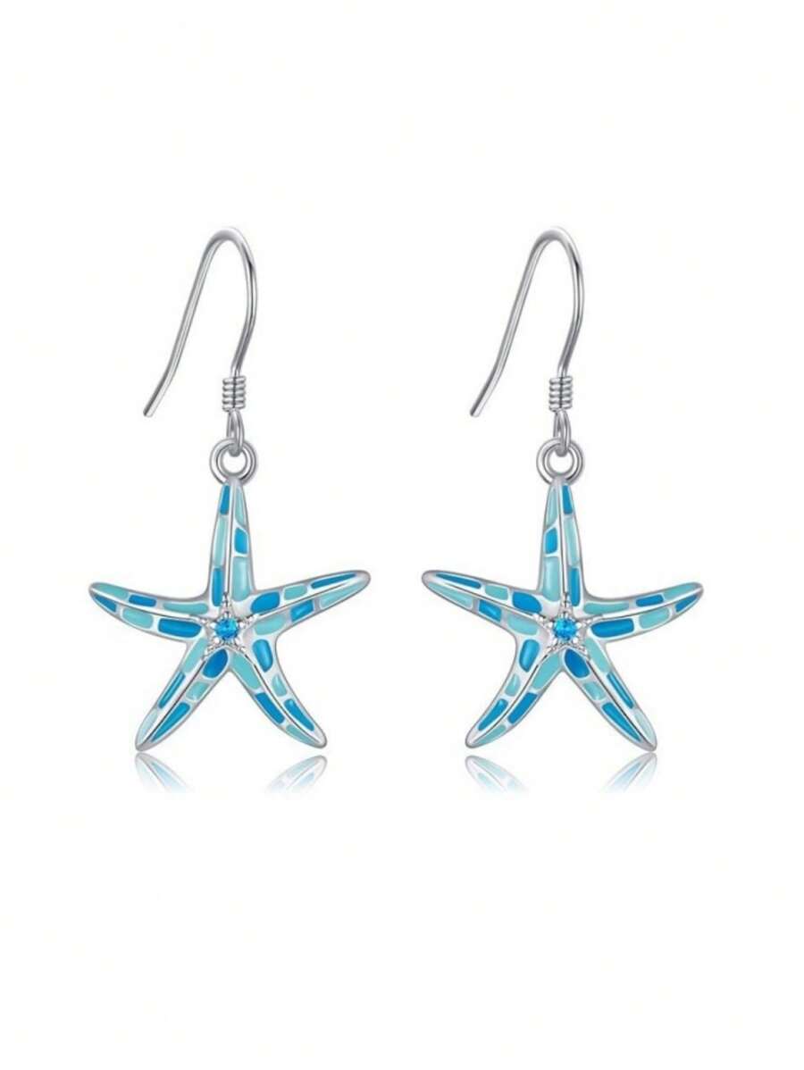 1 Par de Brincos Pingente Decorado com Cristais em Formato de Estrela do Mar Estilo Praia, Uso Versátil Diário e de Presente para Mulheres