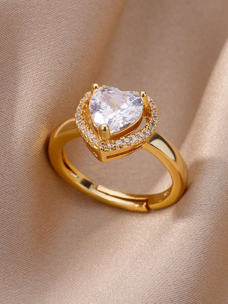 1 peça estética grande zircônia cúbica coração anéis de aço inoxidável 18K banhado a ouro ajustável anel aberto para mulheres mãe romântico férias douradas casamento joias acessórios presentes para ela, dia das mães, dia dos namorados, mãe, mãe, dia das mães, presente