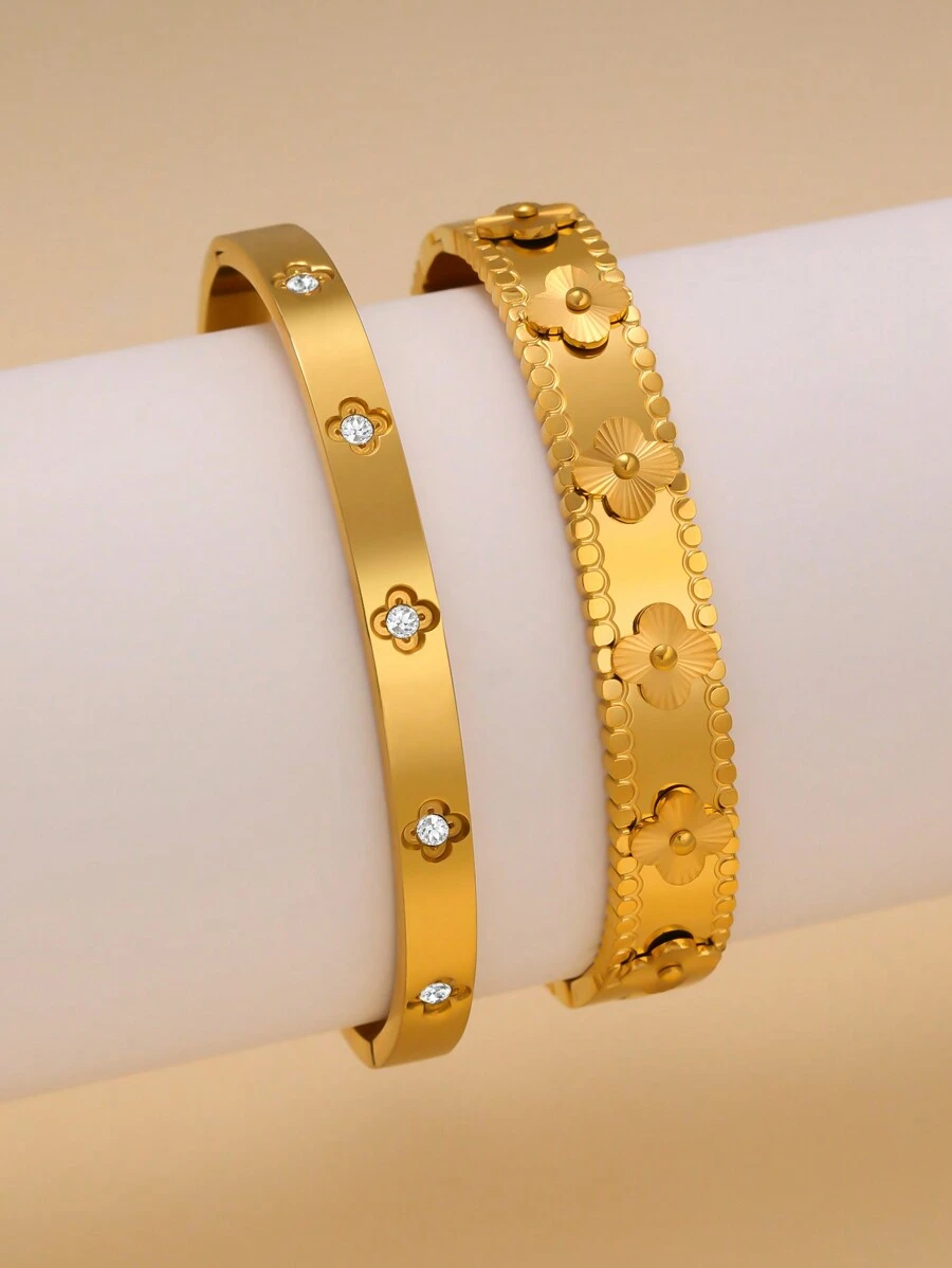 Exaggerated 4-Leaf Clover Stainless Steel Bangle Set For Women, Suitable For Multiple Occasions, Couples, Gala, Party And Gift