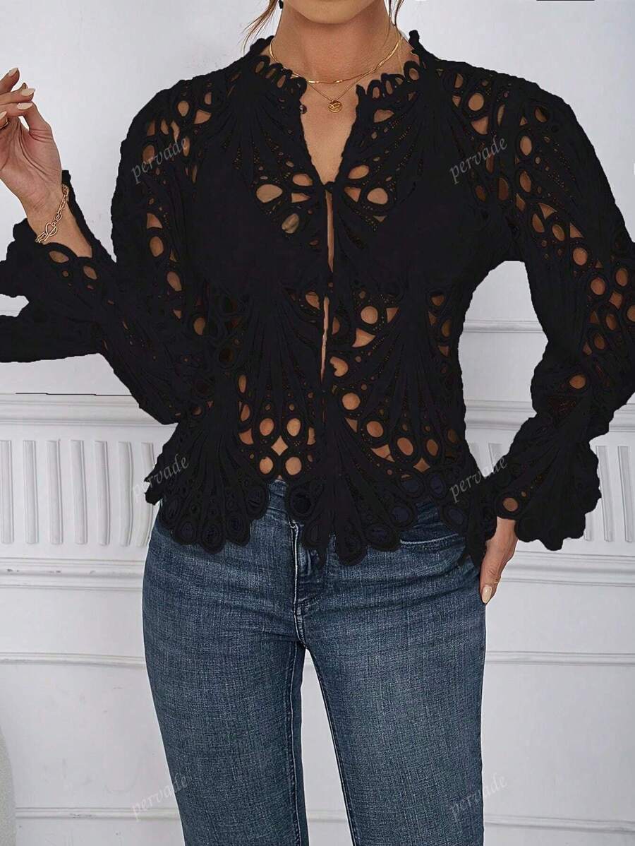 2024 New Women Hollow Out Sexy Transparent Flare Sleeve Shirt, Breathable Club Wear Top