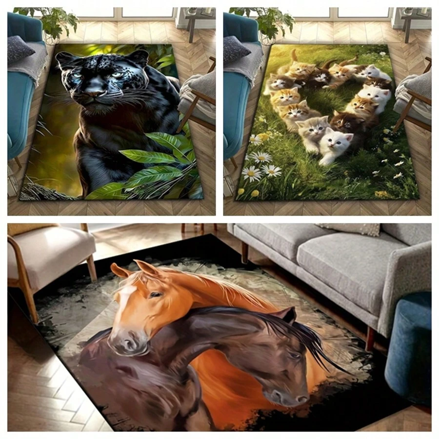 Animal Series, Crystal Velvet Material Lightweight Rug/Mat, Multiple Size Options, Loveable Cat, 2 Horses Design, High-Quality Soft & Vibrant, Trimmable Size, Highly Absorbent