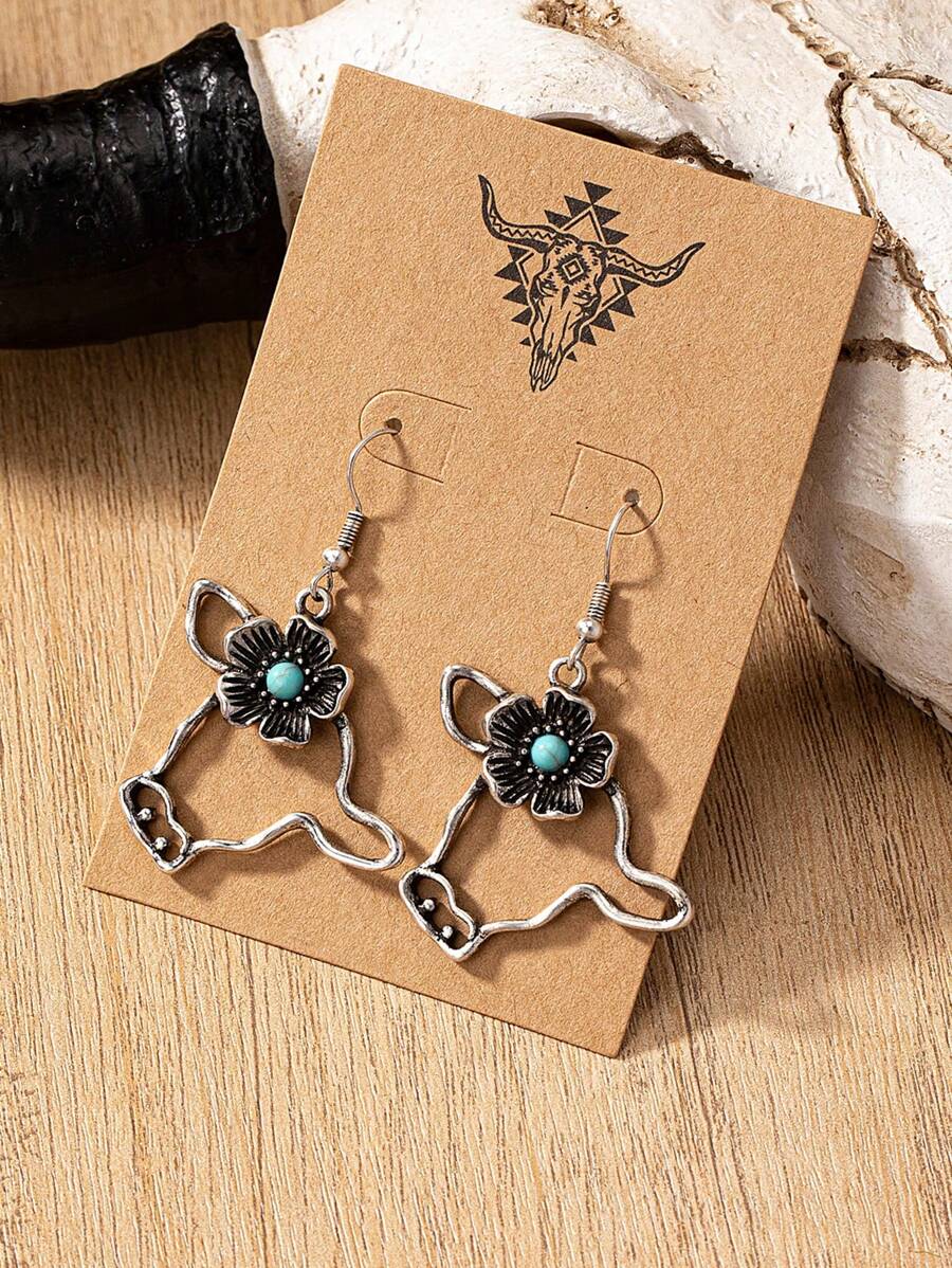 1 par de aretes colgantes de estilo vaquero/vaquera con cabeza de vaca del suroeste y piedra de turquesa en forma de relámpago para mujer