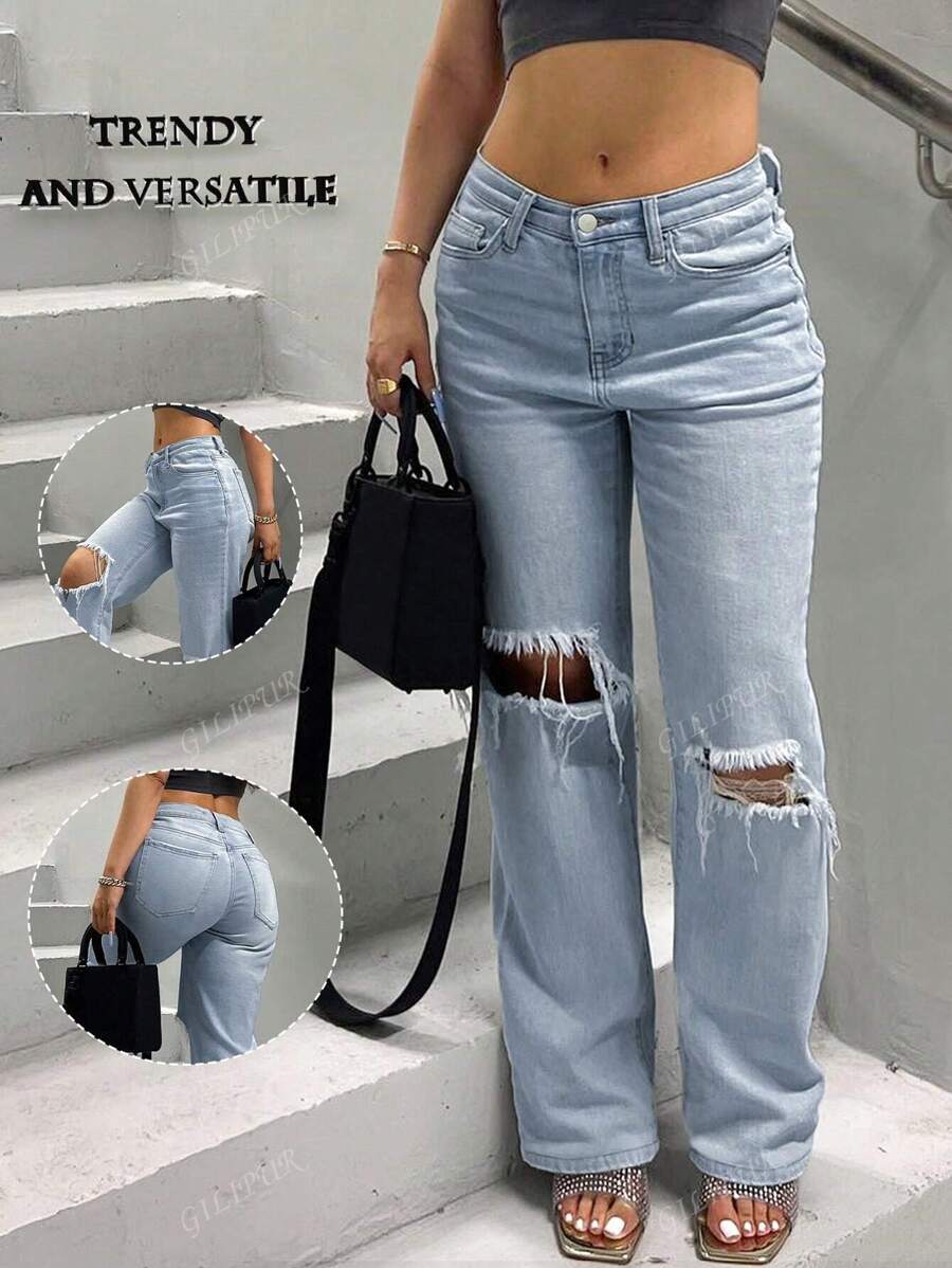 Jeans holgados rasgados de pierna recta para mujer, versátiles para uso casual diario