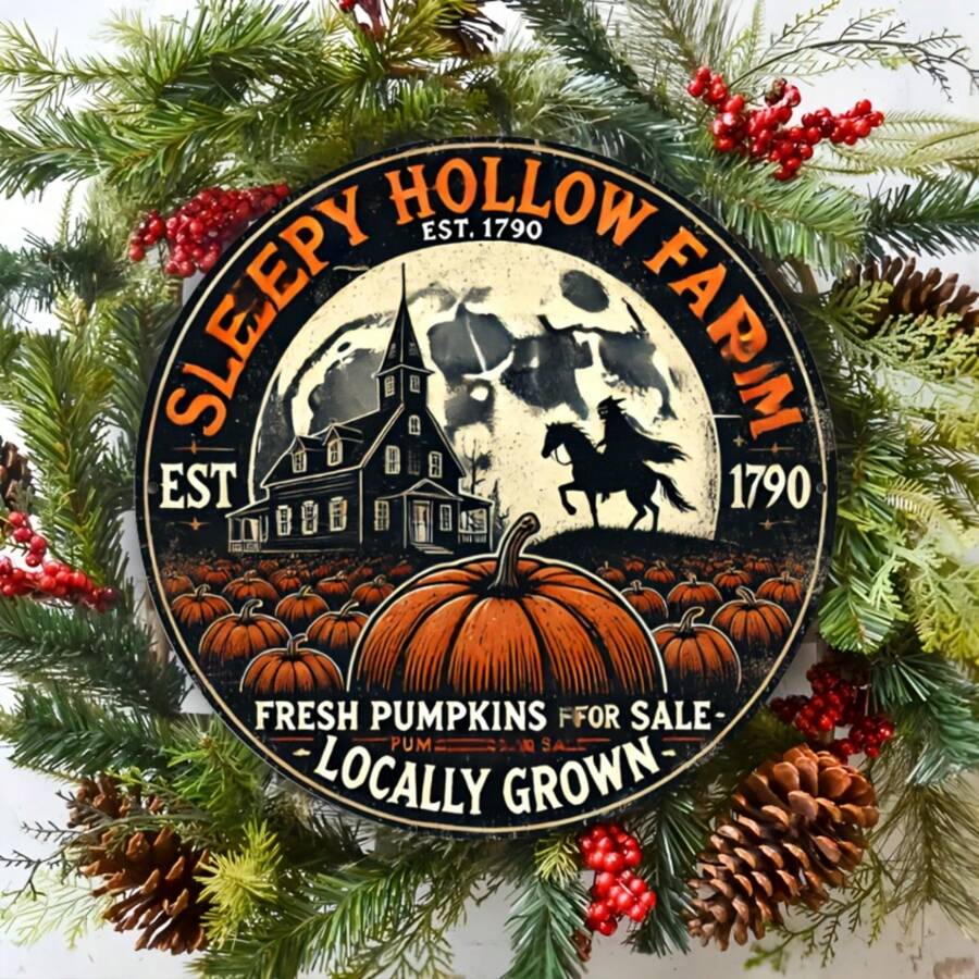 1 Pc Vintage Wooden Sleepy Hollow Farm Round Sign, 7.8 Inch, Rustic Wood Wall Art For Home, Bar, Cafe And Garage Decor, Great Gift For Friends And Family, Random Hole Pattern