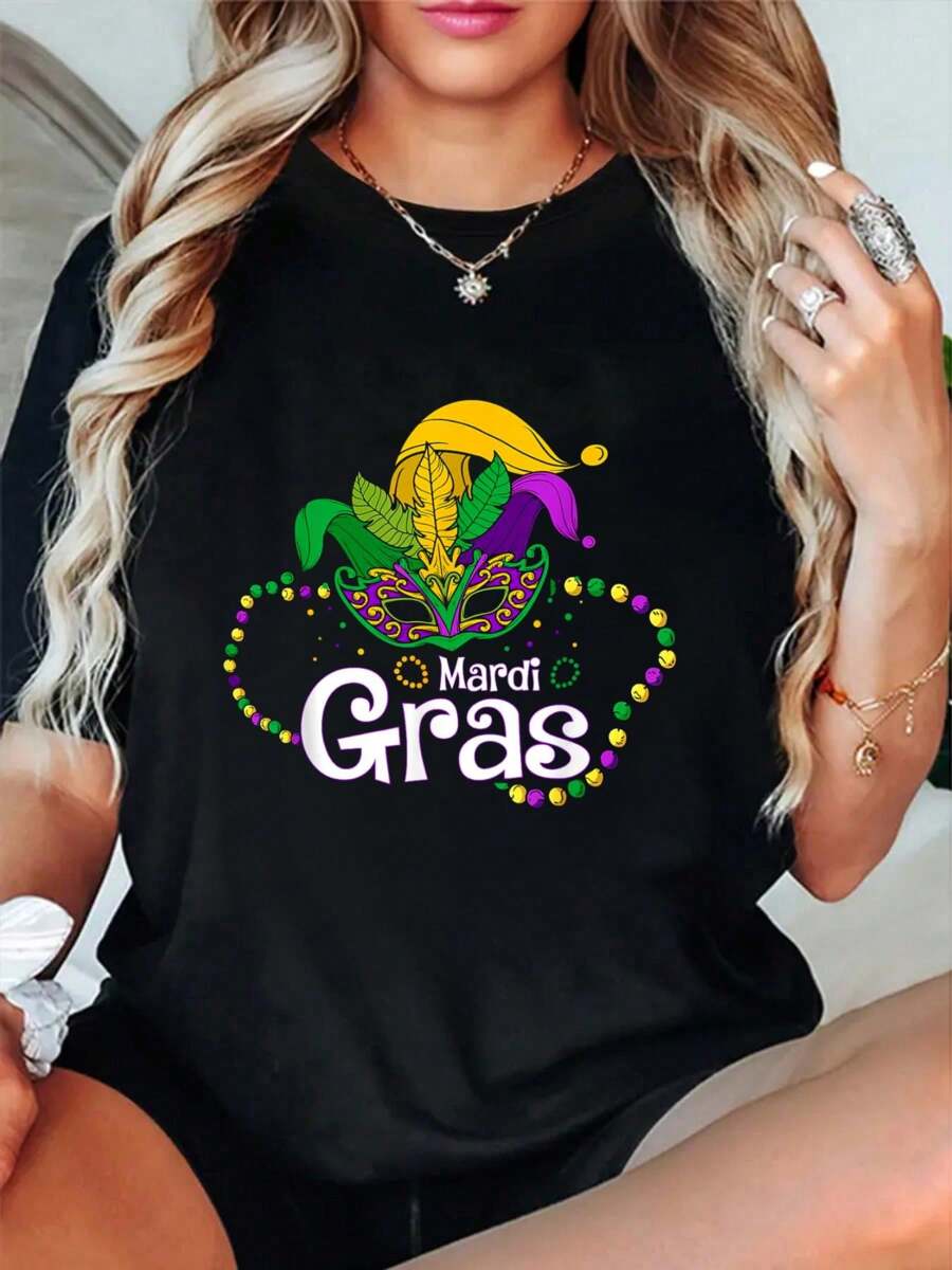 100% Cotton Mardi Gras Beads Mask Feathers Jester Mask Mardi Gras T-Shirt Printed Cotton T-Shirts For Summer, Soft And Breathable, Fashionable And Comfortable Graphic Tees
