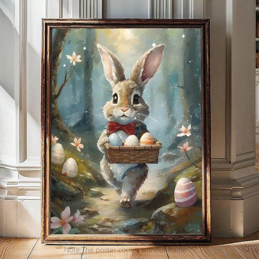 1PC Cute Rabbit Decor, Hiking Easter Bunny Poster, Forest Canvas Wall Art, Easter Bunny Decor, Easter Day Wall Art- Home Decor -Living Room, Bed Room, Hallway Decoration Gifts Birthday Graduation