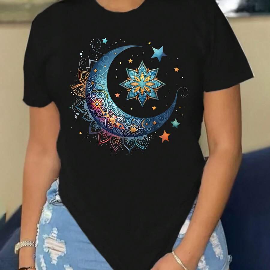 1pc Women'S Casual Round Neck T-Shirt, Polyester Knit Fabric, Regular Length, With Geometric Moon And Floral Print, For Spring Summer Autumn Fashion Top