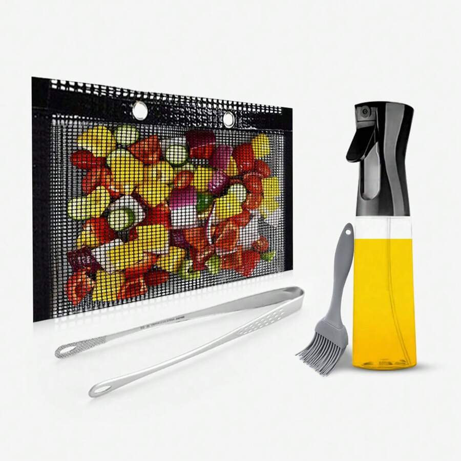 BBQ Mesh Bag Non-Stick Mesh Bag BBQ Grill Bag High Temperature Resistant BBQ Mesh Bag With BBQ Clip Oil Sprayer Oil Brush