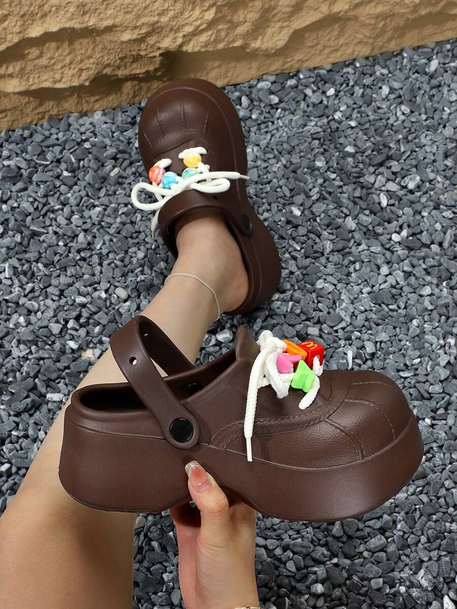 New EVA Thick Sole Lace-Up Accessory DIY Hollow Clogs For Women, Non-Slip Increased Height Beach Sandals, Closed Toe Slip-On Slippers For Summer