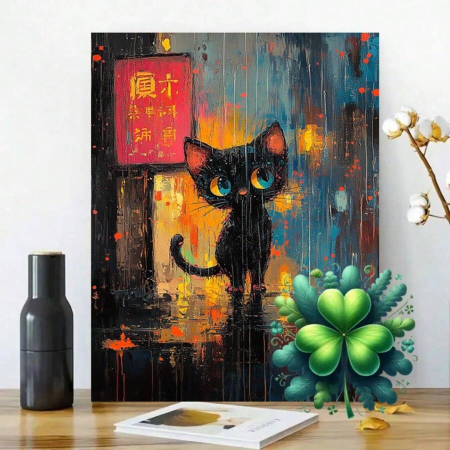 1PC Art Printed Canvas Painting In Wooden Frame Oil Painting Cute Kitten Walking In The Rain On Ci(1) Suitable For Home Decor Office Holiday Decoration Or Gift