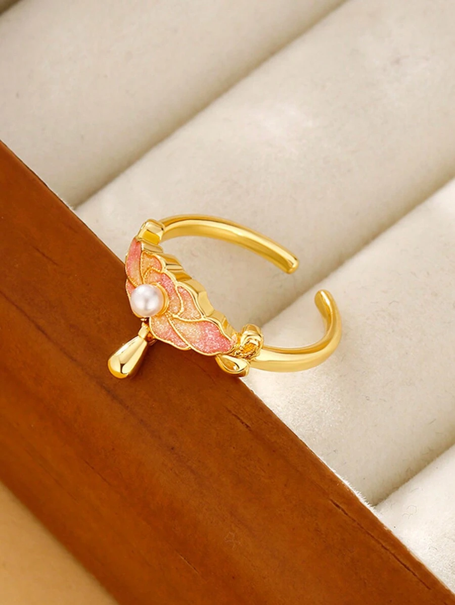 1pc Vintage Pink Peony Enamel Open Ring, Delicate Luxury Knuckle Ring, Best Gift For Girlfriend/Valentine's Day,Mom,Mother,Mother's Day,Gift