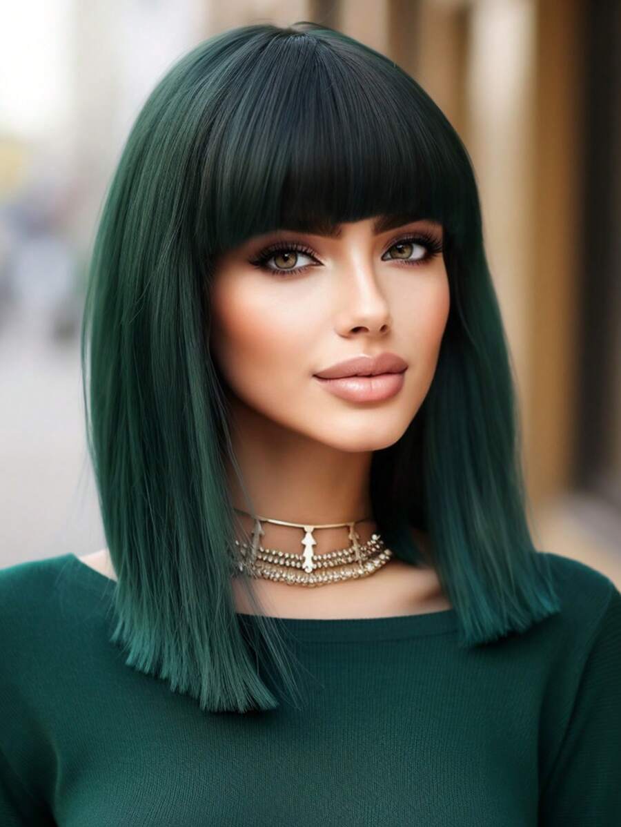 High Quality Natural Vertical Dark Green 14-Inch Short Straight Bob Wig With Bangs Ladies Fashion Wig Synthetic Heat-Resistant Fiber Wig Perfect For Holiday Travel Family Party Cosplay Everyday Wear