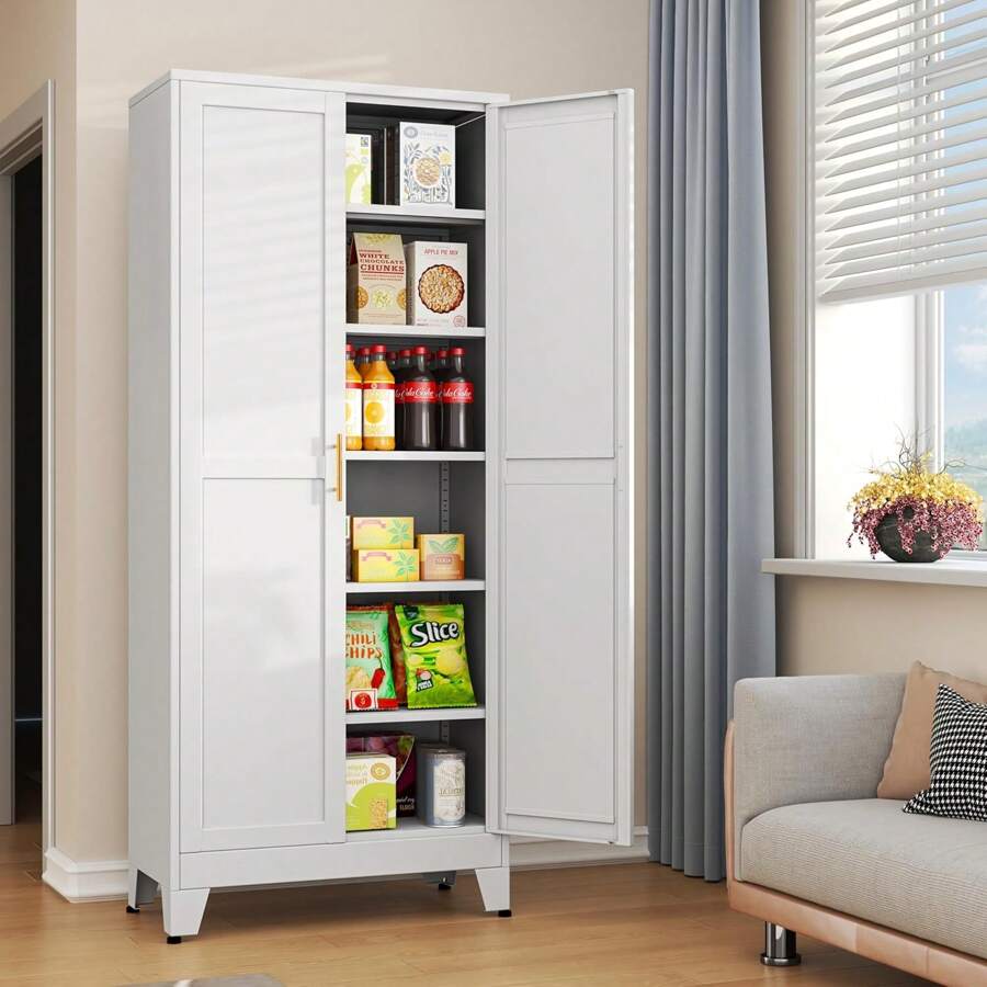 75.2"H Pantry Storage Cabinet, Kitchen Storage Cabinets With Adjustable Feet And Shelves, Metal Pantry Cabinet For Kitchen, Living Room, Laundry Room And Dinning Room