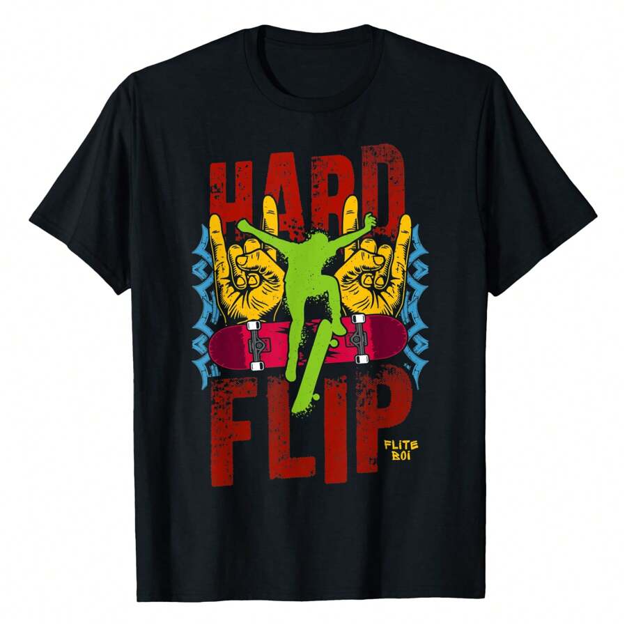 Skateboards - Hard Flip Graphic T-Shirt,220g Pure Cotton Single-Sided Printed Round Neck Short Sleeved Shirt.