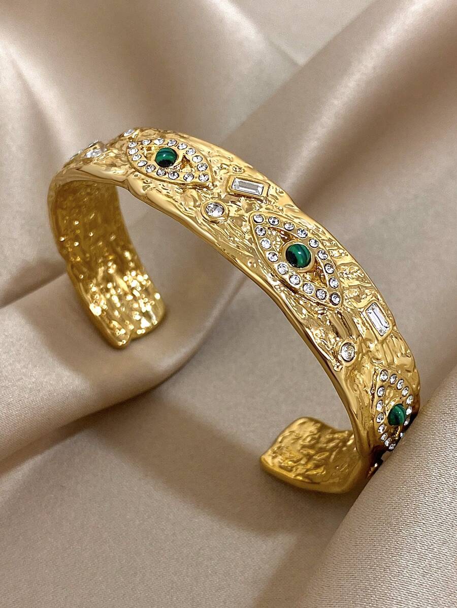 1 Stück Luxus Strass Böser Blick Armband, Retro Goldener Armband für Frauen, Edelstahl weit geöffneter Armband für Alltag, Party, Weihnachtsgeschenke