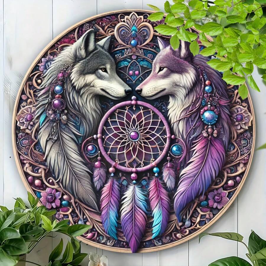 1 stuk grappige houten ronde wolf dromenvanger plaquette, vintage verjaardagscadeau, ornament, fantasierijke decoratie voor kamer, muur, huis, tuin, bar, diverse gatenpatronen