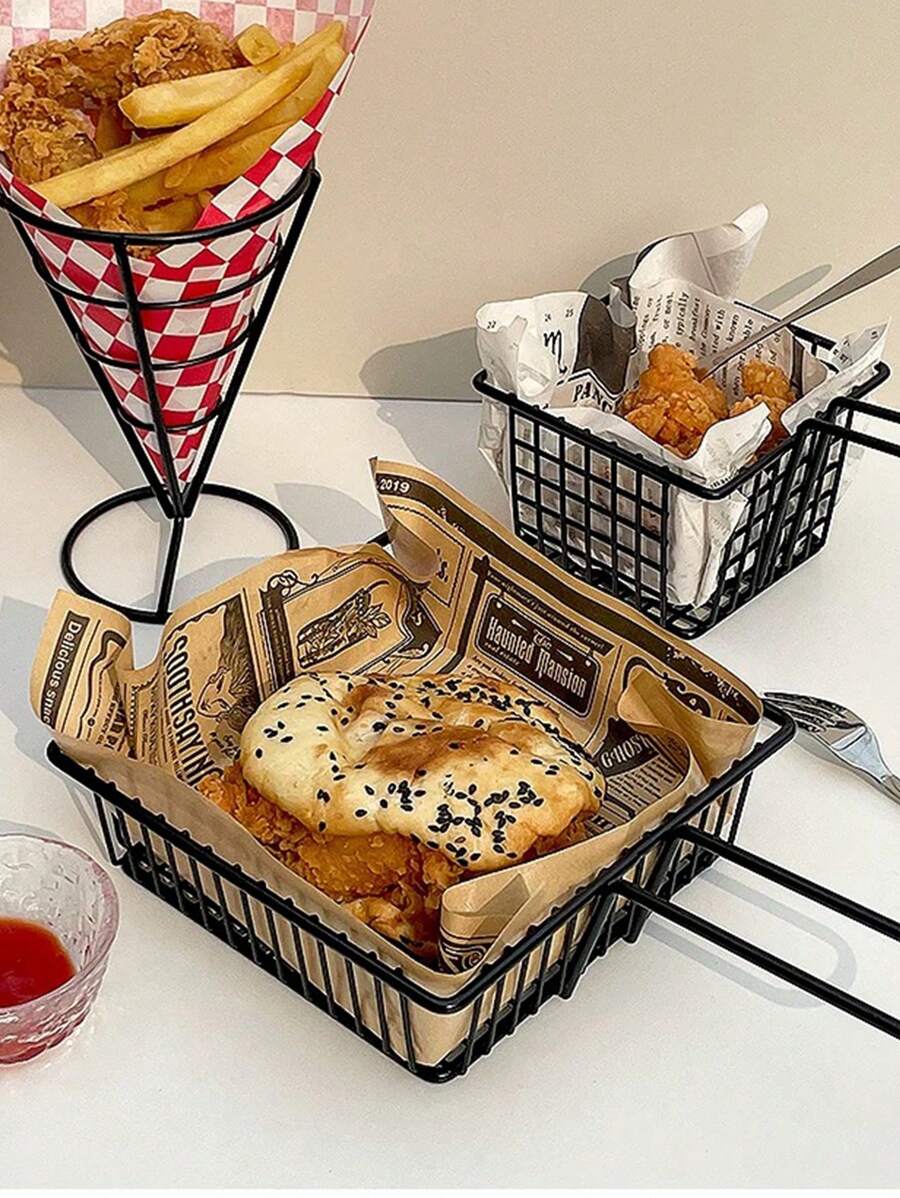 Black Metal American Style Mini Fries Basket, Creative Snack Container Fry Holder Chicken Nugget Basket